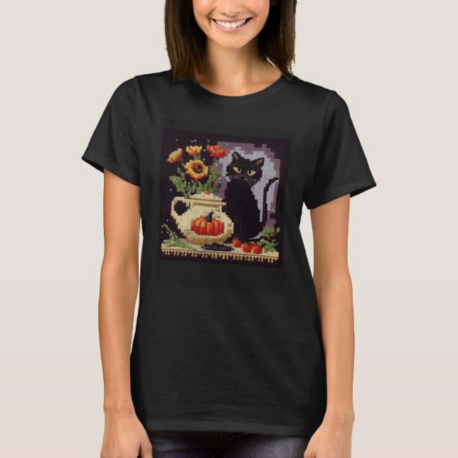 Black Cat Cooking Flower T-Shirt (Front)