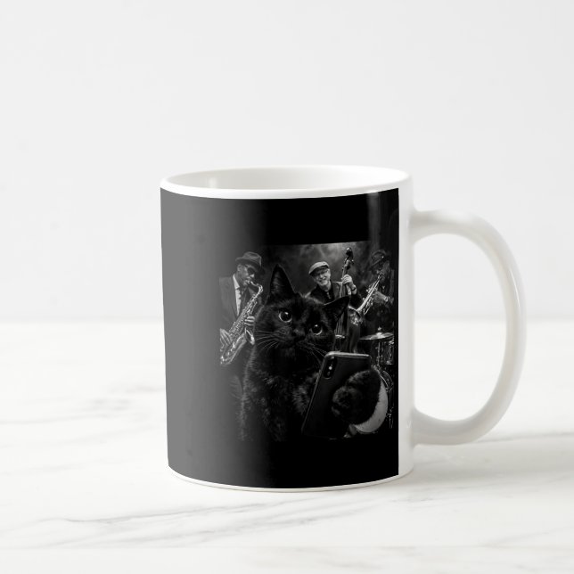 Black Cat Cool Jazz Band Selfie Graphic Coffee Mug (Right)