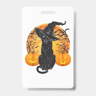 Black Cat Costume Scary Halloween Witch Hat _Moon  ID Badge