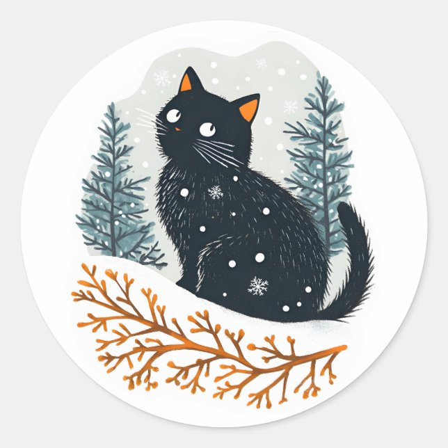 Black cat cosy winter snow classic round sticker (Front)