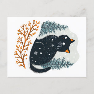 Black cat cosy winter snow holiday postcard