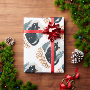 Black cat cosy winter snow wrapping paper