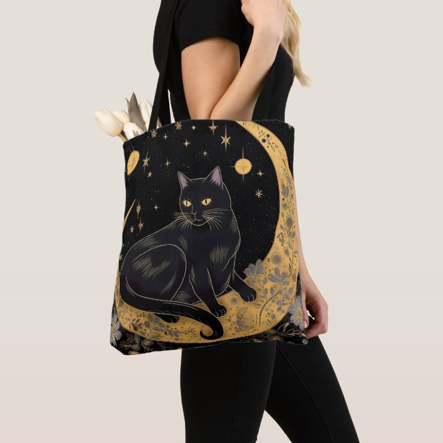 Black Cat Crescent Moon Blue Flowers Halloween Tote Bag (Close Up)