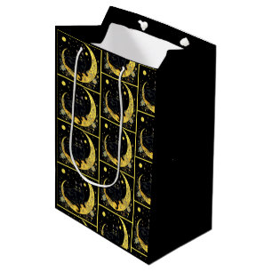 Black Cat Crescent Moon Floral Gold Halloween Medium Gift Bag