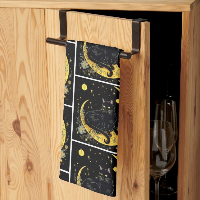 Black Cat Crescent Moon Floral White Halloween Tea Towel (Thirds Fold)