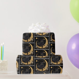 Black Cat Crescent Moon Floral White Halloween Wrapping Paper