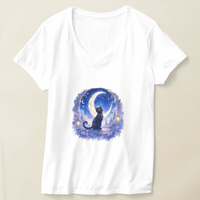 Black Cat Crescent Moon T-Shirt (Laydown)