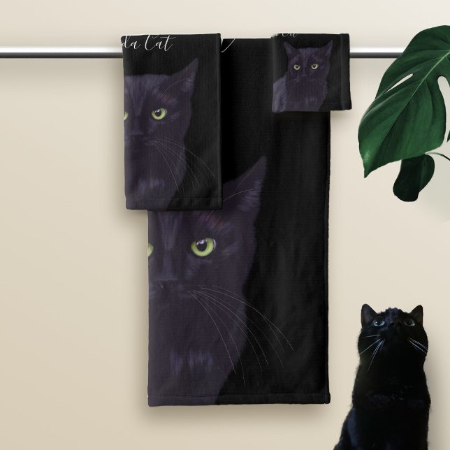 Black Cat Cute Green Eyes Custom Towel Set (Creator Uploaded)