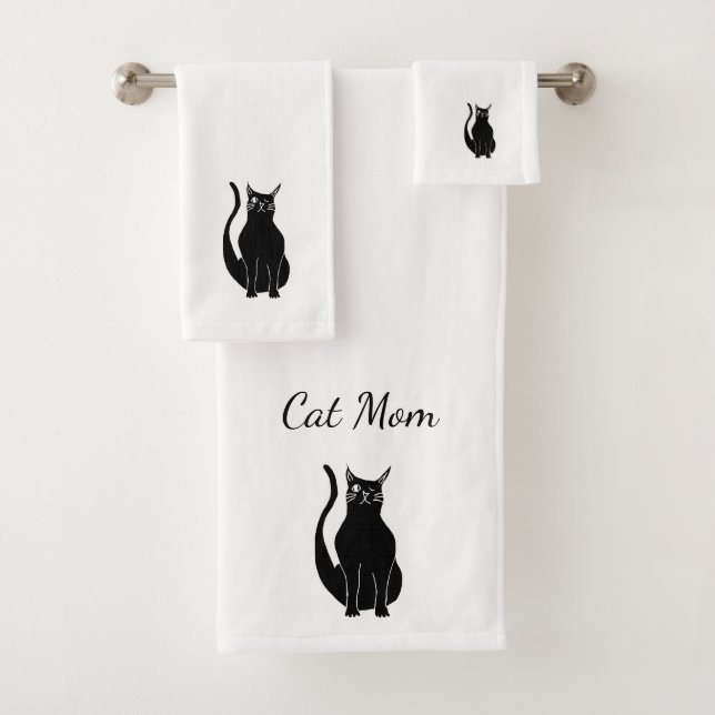Black Cat Cute Winking Kitty Cartoon  Bath Towel Set (Insitu)