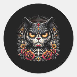 Black Cat Dia De Los Muertos Grumpy Black Cat Classic Round Sticker