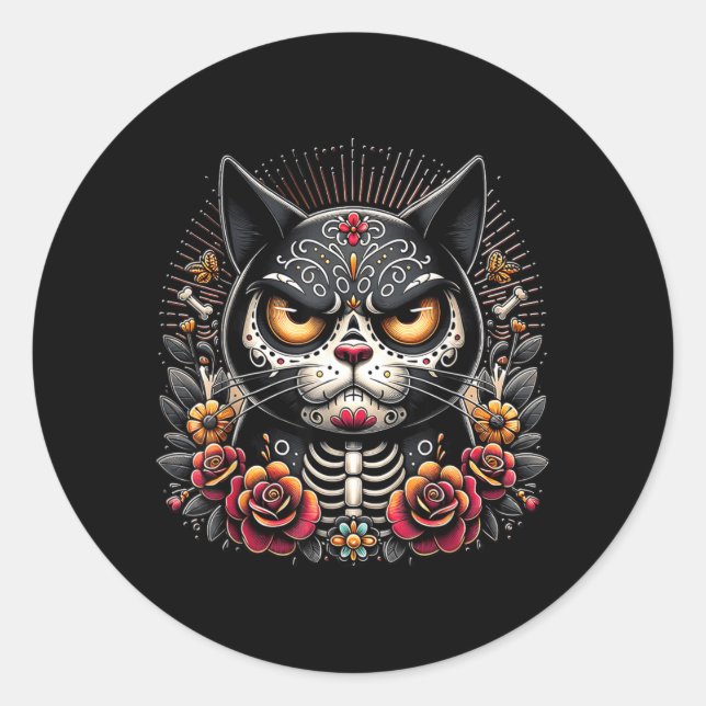 Black Cat Dia De Los Muertos Grumpy Black Cat Classic Round Sticker (Front)