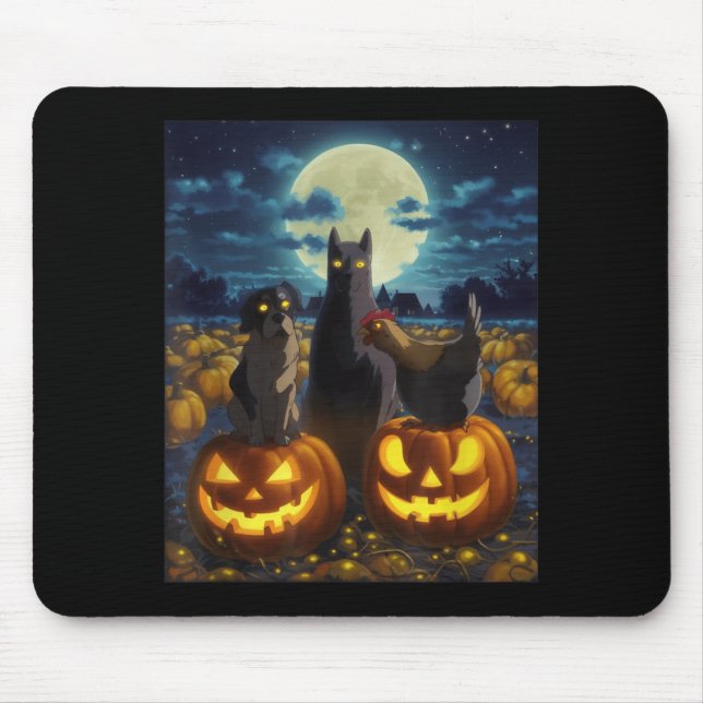 Black Cat Dog Chicken Halloween Pumpkin Spooky Mouse Pad (Front)