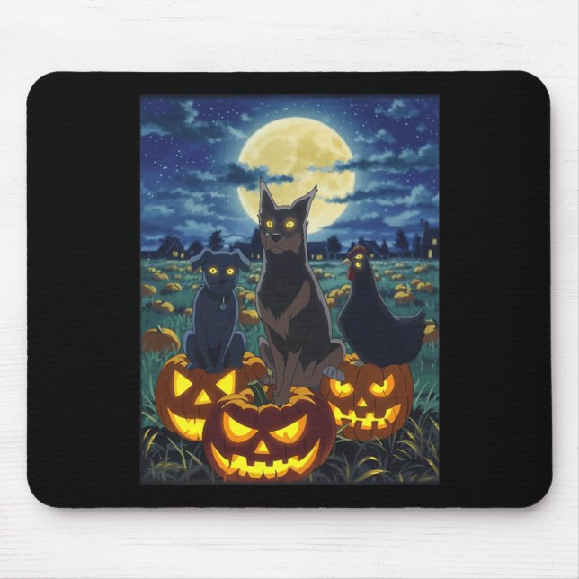 Black Cat Dog Chicken Halloween Pumpkin Spooky Mouse Pad (Front)
