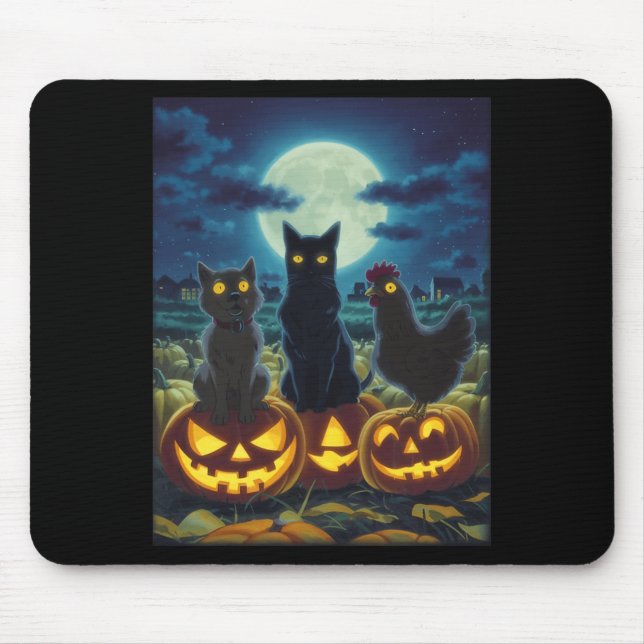 Black Cat Dog Chicken Halloween Pumpkin Spooky Mouse Pad (Front)