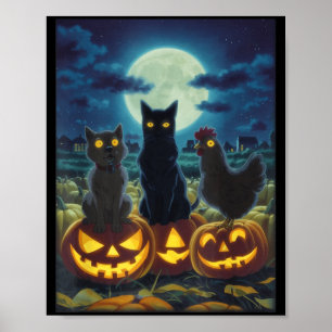 Black Cat Dog Chicken Halloween Pumpkin Spooky Poster