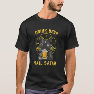 Black Cat Drink Beer Hail Satan Spooky Vintage T-Shirt
