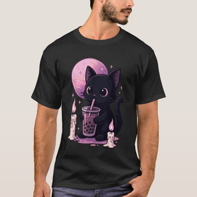 Black Cat Drinking Boba Goth Bubble Tea T-Shirt (Front)
