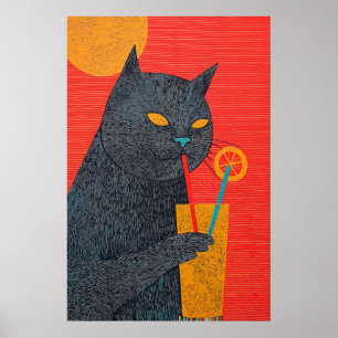 Black Cat Drinking Juice Art Print Quirky Giclée