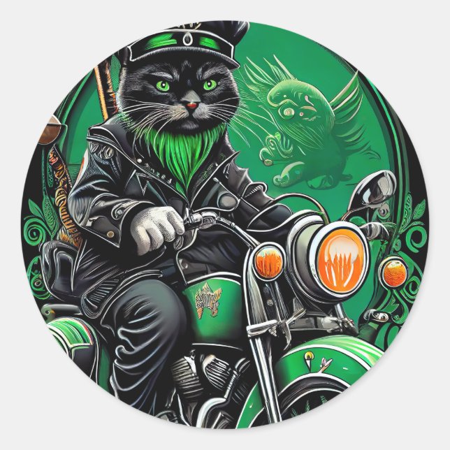 Black Cat driving bike St. Patrick's Day Classic Round Sticker (Front)