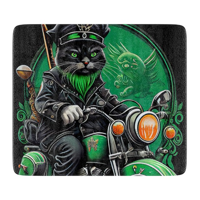 Black Cat driving bike St. Patrick's Day Cutting Board (Front)