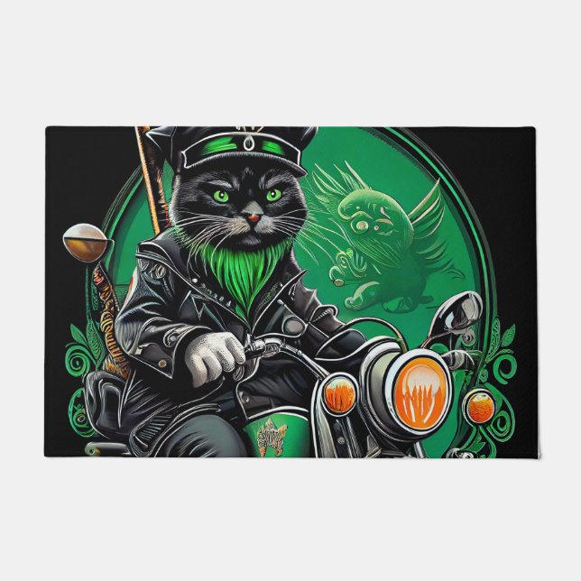 Black Cat driving bike St. Patrick's Day Doormat (Front)