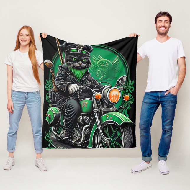 Black Cat driving bike St. Patrick's Day Fleece Blanket (In Situ)