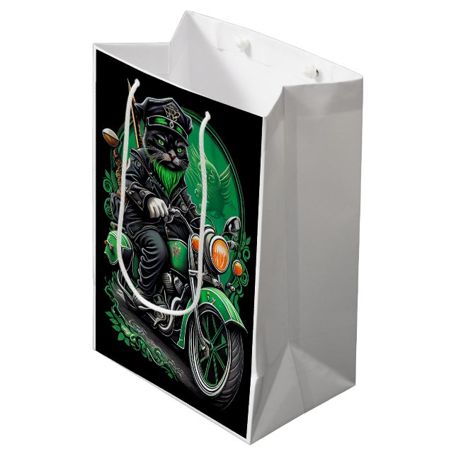 Black Cat driving bike St. Patrick's Day Medium Gift Bag (Front Angled)
