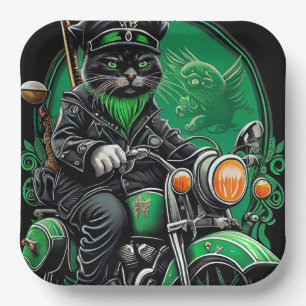 Black Cat driving bike St. Patrick's Day Paper Plate