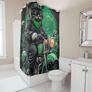 Black Cat driving bike St. Patrick's Day Shower Curtain