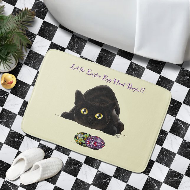 Black Cat Easter Eggs Hunt Holiday Yellow Bath Mat (Creator Uploaded)