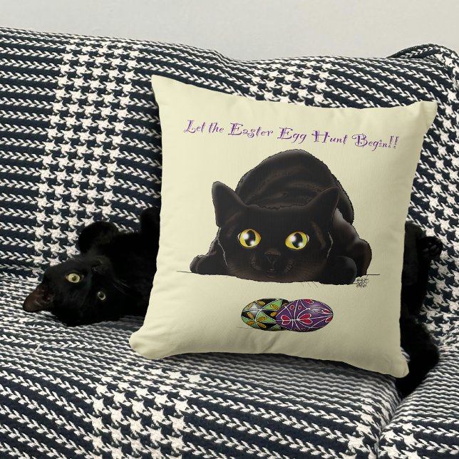 Black Cat Easter Eggs Hunt Holiday Yellow Cushion (Creator Uploaded)