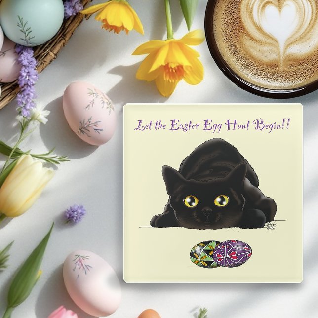 Black Cat Easter Eggs Hunt Holiday Yellow Glass Coaster (Creator Uploaded)