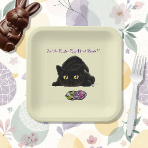 Black Cat Easter Eggs Hunt Holiday Yellow Paper Plate