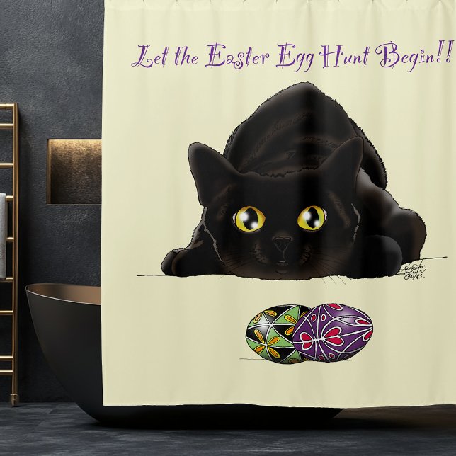Black Cat Easter Eggs Hunt Holiday Yellow Shower Curtain (Creator Uploaded)