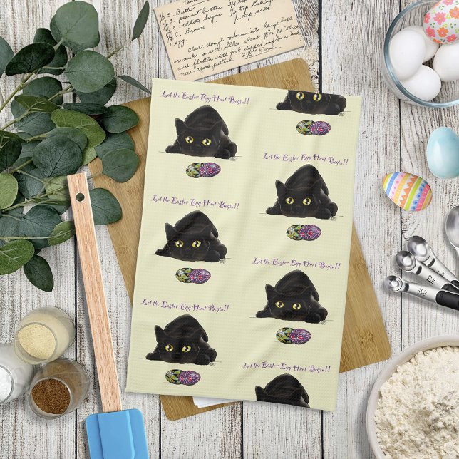 Black Cat Easter Eggs Hunt Holiday Yellow Tea Towel (Creator Uploaded)