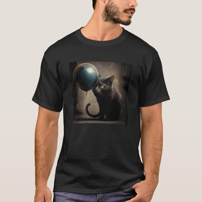Black Cat Eat Balloon T-Shirt (Front)
