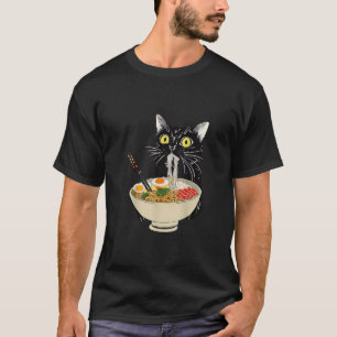 Black Cat Eating Ramen Japanese Food Lover Art T-Shirt