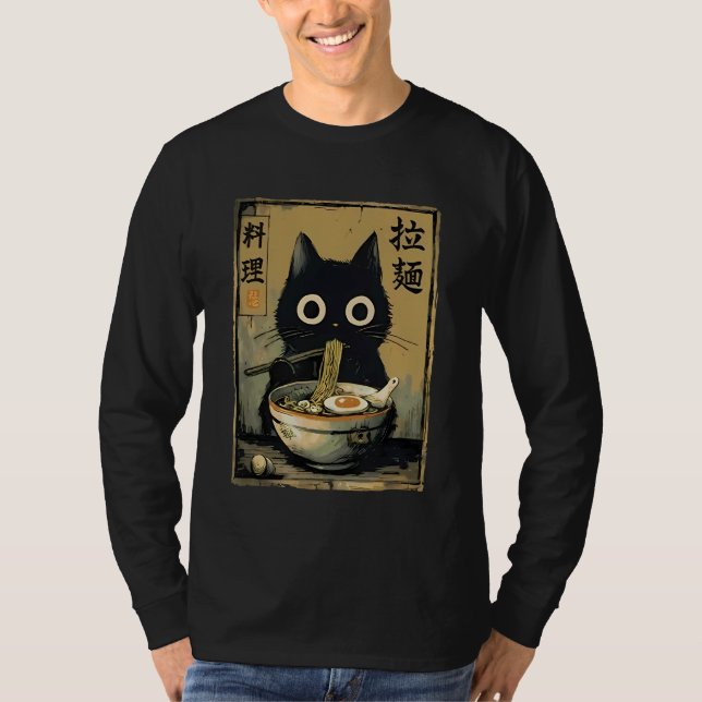 Black Cat Eating Ramen Japanese Food Noodle Kitten T-Shirt (Front)