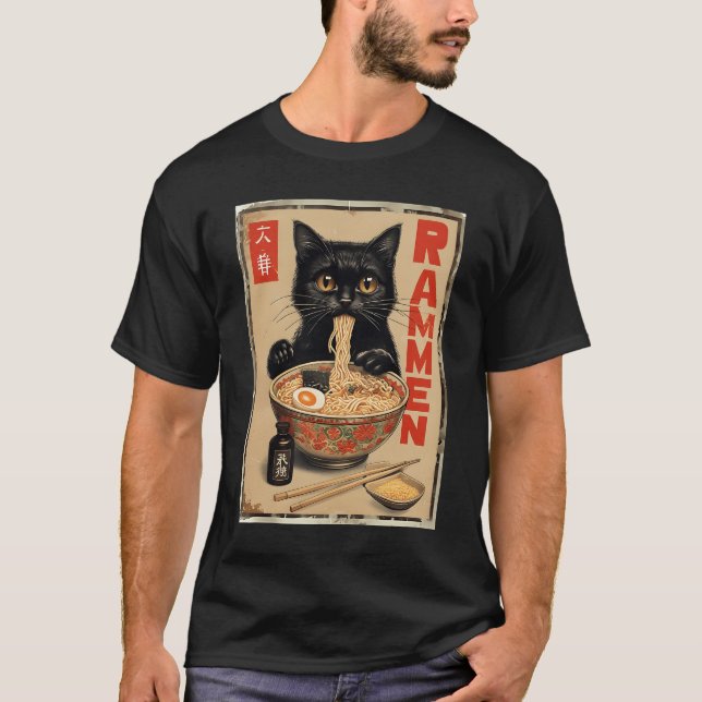 Black Cat Eating Ramen Japanese Noodles Food Poste T-Shirt (Front)