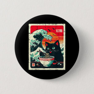 Black Cat Eating Ramen Japanese Wave Noodle Women 6 Cm Round Badge