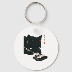 Black Cat Eating Sushi - Cat Japanese Art  Key Ring