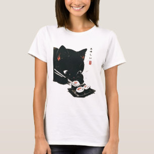 Black Cat Eating Sushi - Cat Japanese Art  T-Shirt
