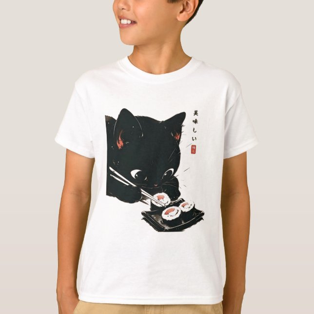 Black Cat Eating Sushi - Cat Japanese Art  T-Shirt (Front)