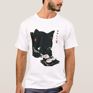 Black Cat Eating Sushi - Cat Japanese Art  T-Shirt