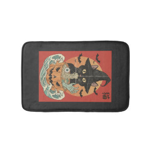 Black cat eats Japanese ramen for Halloween Bath Mat