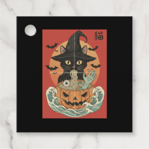 Black cat eats Japanese ramen for Halloween Favour Tags