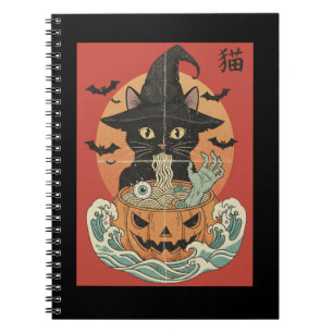 Black cat eats Japanese ramen for Halloween Notebook