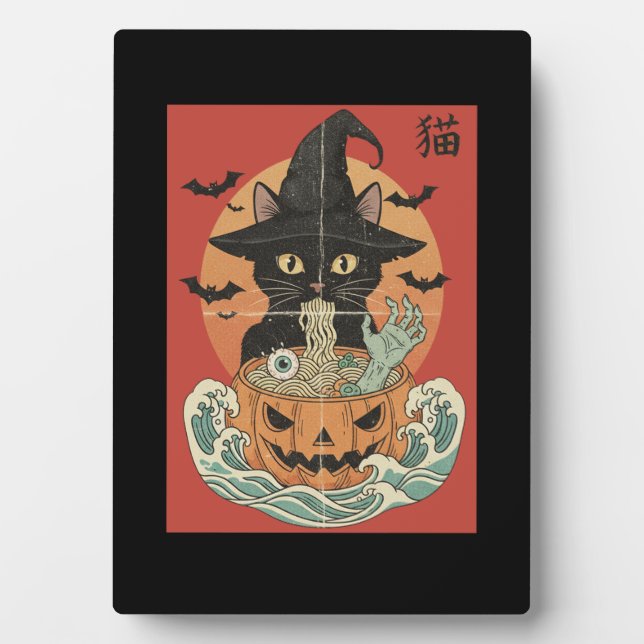 Black cat eats Japanese ramen for Halloween Plaque (Front)