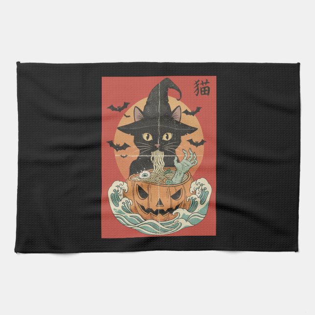 Black cat eats Japanese ramen for Halloween Tea Towel (Horizontal)
