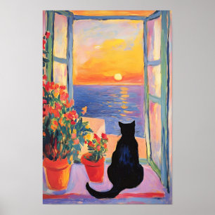 Black cat enjoying the sea view poster